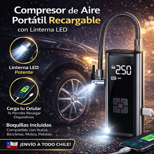 Compresor de Aire Portátil Recargable con Linterna LED y Cargador portátil para celular