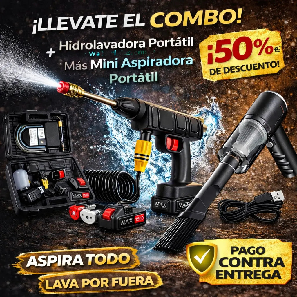 COMBO WashX™ :  (Hidrolavadora + Mini Aspiradora 3 en 1 + maletín de transporte)  -  50% OFF SOLO HOY 🔥